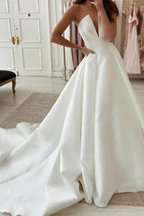 Country Plus Size A-Line Wedding Dress Strapless Satin Sleeveless Bridal Gowns with Sweep Train