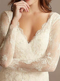Country Plus Size A-Line Wedding Dress V-neck Lace Satin Long Sleeve Bridal Gowns
