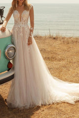 Country Plus Size A-Line Wedding Dress V-neck Lace Tulle Jersey Long Sleeve Bridal Gowns with Sweep Train