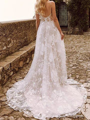 Country Plus Size A-Line Wedding Dress V-neck Lace Tulle Sleeveless Sexy See-Through Bridal Gowns with Sweep Train