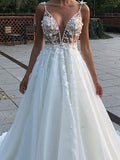 Country Plus Size A-Line Wedding Dress V-neck Spaghetti Strap Lace Sleeveless Bridal Gowns with Sweep Train