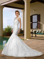 Country Plus Size Mermaid Wedding Dress Scoop Lace Regular Straps Bridal Gowns with Court Train