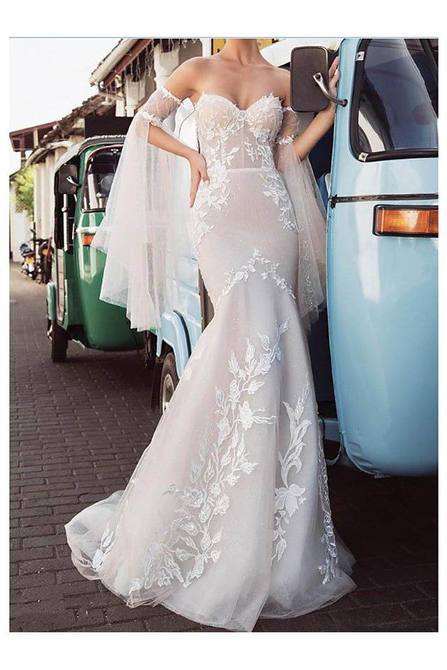 Country Plus Size Mermaid Wedding Dress Strapless Lace Tulle Long Sleeve Bridal Gowns with Sweep Train