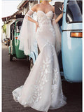 Country Plus Size Mermaid Wedding Dress Strapless Lace Tulle Long Sleeve Bridal Gowns with Sweep Train