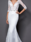 Country Plus Size Mermaid Wedding Dress V-neck Lace Satin Half Sleeve Bridal Gowns with Sweep Train