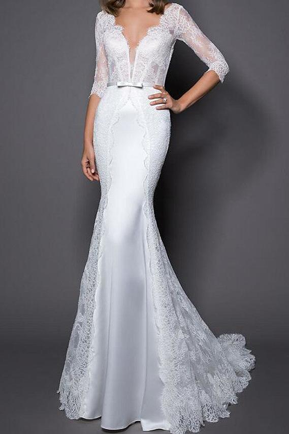 Country Plus Size Mermaid Wedding Dress V-neck Lace Satin Half Sleeve Bridal Gowns with Sweep Train