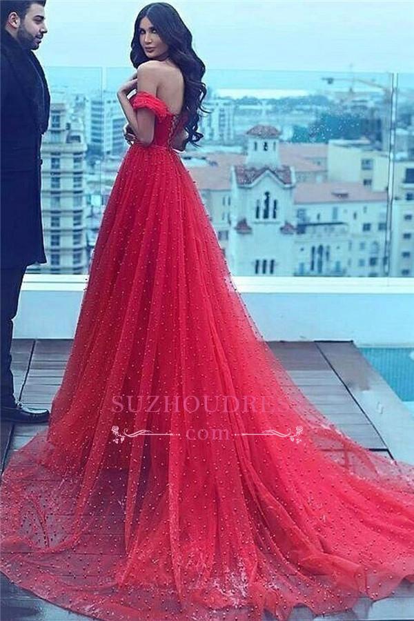 Court-Train Amazing Beading A-line Red Off-the-shoulder Sweetheart Evening Dress