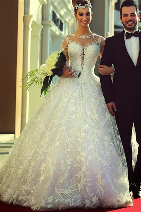 Court Train Lace Charming Wedding Dresses Long Sleeve Bridal Ball Gowns