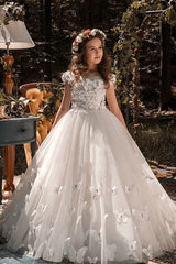 Crew Neck A Line Tulle Princess Flower Girl Dress with Butterflies and 3D Flowers