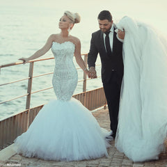 Crystal Beading Mermaid Tulle Wedding Dress with Detachable Train Luxurious Sweep Train Bridal Gowns MH045