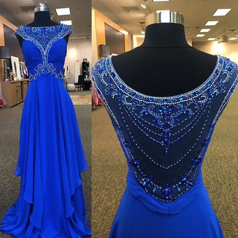 Crystal Blue Chiffon Long Formal Occasion Dresses with Beading Ruffles Empire Prom Dress