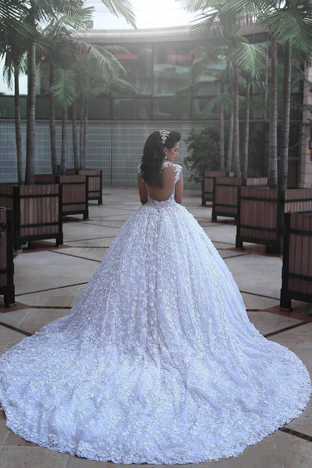 Crystal Lace Ball Gown Wedding Dresses Court Train Beading Bridal Gowns MH068