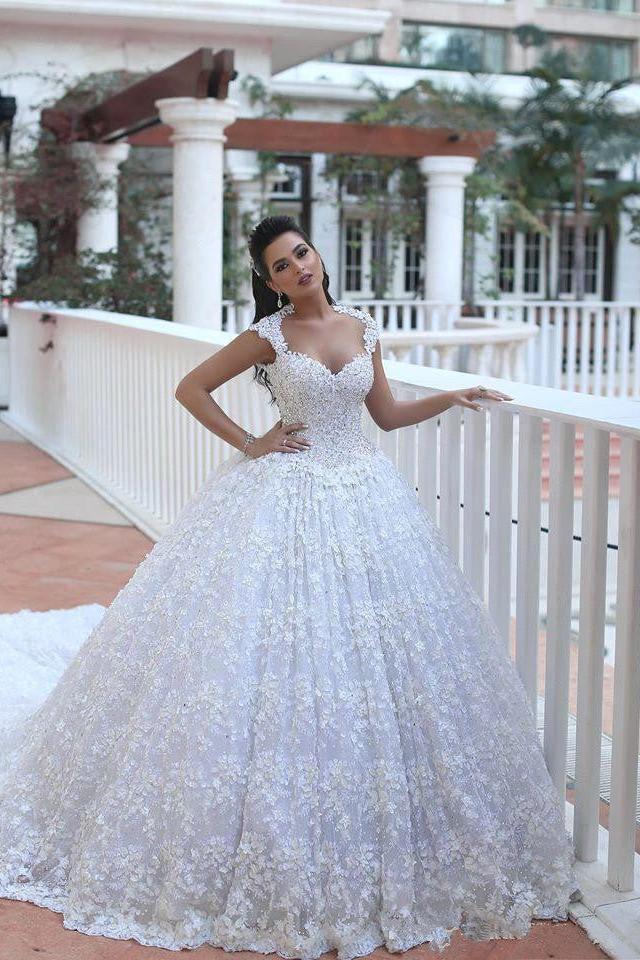 Crystal Lace Ball Gown Wedding Dresses Court Train Beading Bridal Gowns MH068