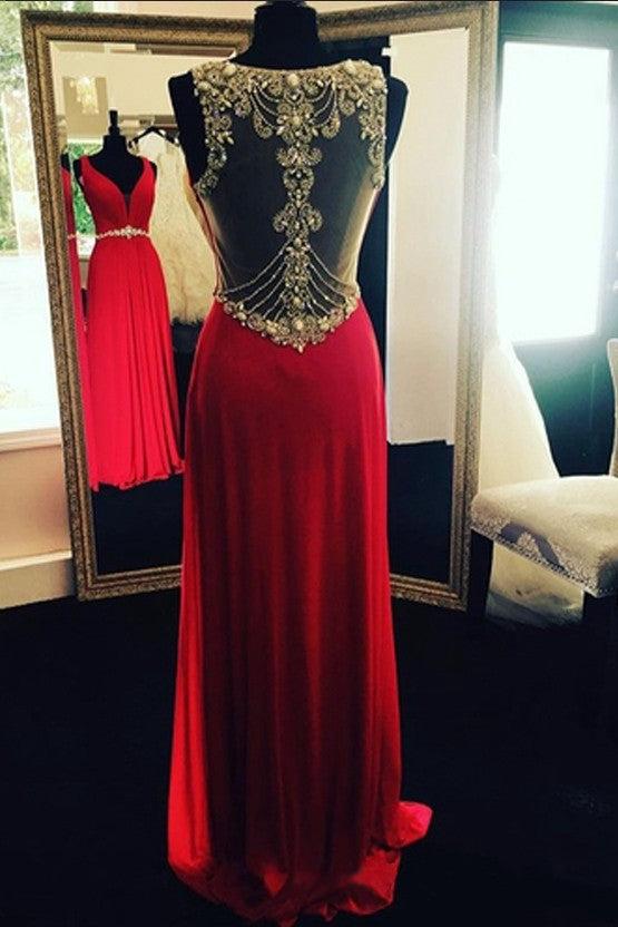 Crystal Long Beading Evening Dresses Sleeveless Red Prom Dresses