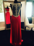 Crystal Long Beading Evening Dresses Sleeveless Red Prom Dresses