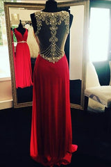 Crystal Long Beading Evening Dresses Sleeveless Red Prom Dresses