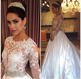 Crystal Long Sleeve Satin Wedding Dress with Beadings New Arrival Lace Applique Bridal Gowns