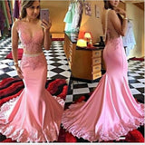 Crystal Mermaid Appliques Evening Gowns Sleeveless Sexy Pink Prom Dress