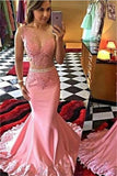 Crystal Mermaid Appliques Evening Gowns Sleeveless Sexy Pink Prom Dress