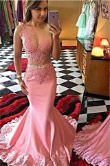 Crystal Mermaid Appliques Evening Gowns Sleeveless Sexy Pink Prom Dress