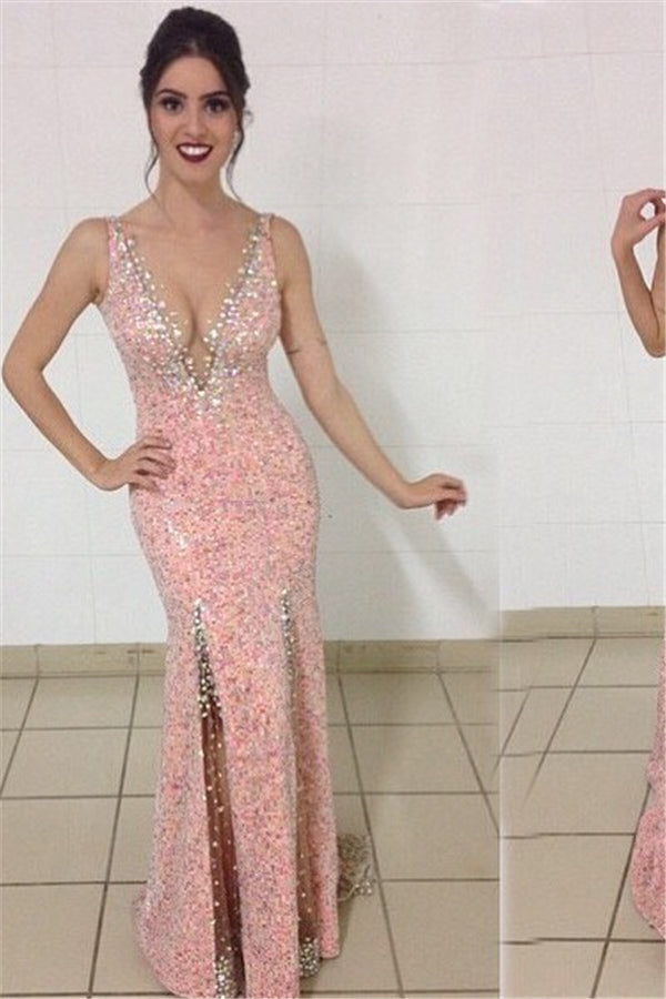 Crystal Plunging Neck Mermaid Prom Dress Pink Beading Zipper Evening Dresses