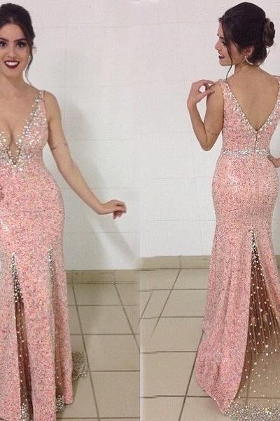 Crystal Plunging Neck Mermaid Prom Dress Pink Beading Zipper Evening Dresses