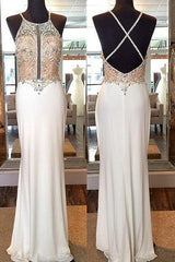 Crystal Sheath Floor Length Evening Dresses Crossed Back Beading Party Gowns
