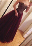 Crystal Sweetheart Burgundy Tulle Prom Dress A-Line Beading Floor Length Party Dress