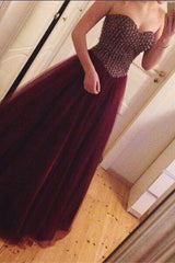 Crystal Sweetheart Burgundy Tulle Prom Dress A-Line Beading Floor Length Party Dress