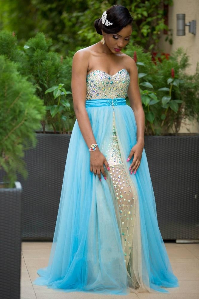 Crystal Sweetheart Tulle Prom Dress New Arrival A-Line Detachable Train Evening Gown