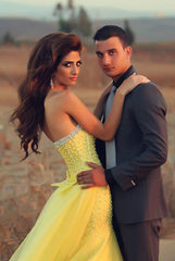 Crystal Sweetheart Yellow Sexy Mermaid Evening Dress Popular Chiffon Bowknot Trumpet Dresses for Women