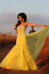 Crystal Sweetheart Yellow Sexy Mermaid Evening Dress Popular Chiffon Bowknot Trumpet Dresses for Women