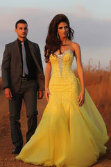 Crystal Sweetheart Yellow Sexy Mermaid Evening Dress Popular Chiffon Bowknot Trumpet Dresses for Women