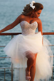 Crystal White Sweetheart Tulle Beach Wediing Dress Cute Ball Gown Latest Summer Bridal Gowns with Beadings