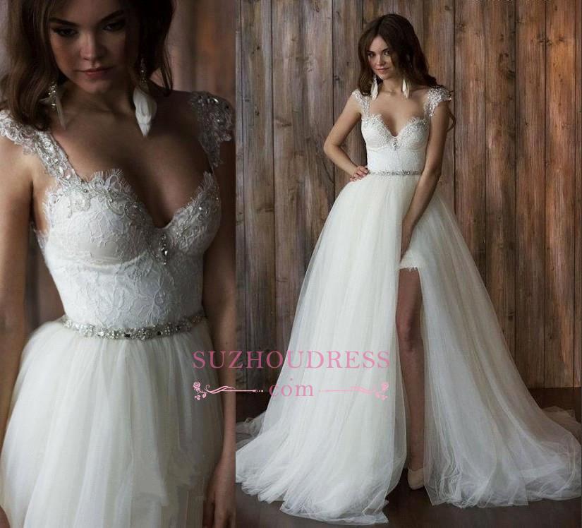 Crystals Overskirt Tulle V-neck Detachable Bridal Dresses Cap Sleeve Belt Wedding Dresses