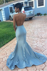 Crystals V-neck Blue Mermaid Formal Evening Dress Backless Sexy Beaded Halter Prom Dress BA8052