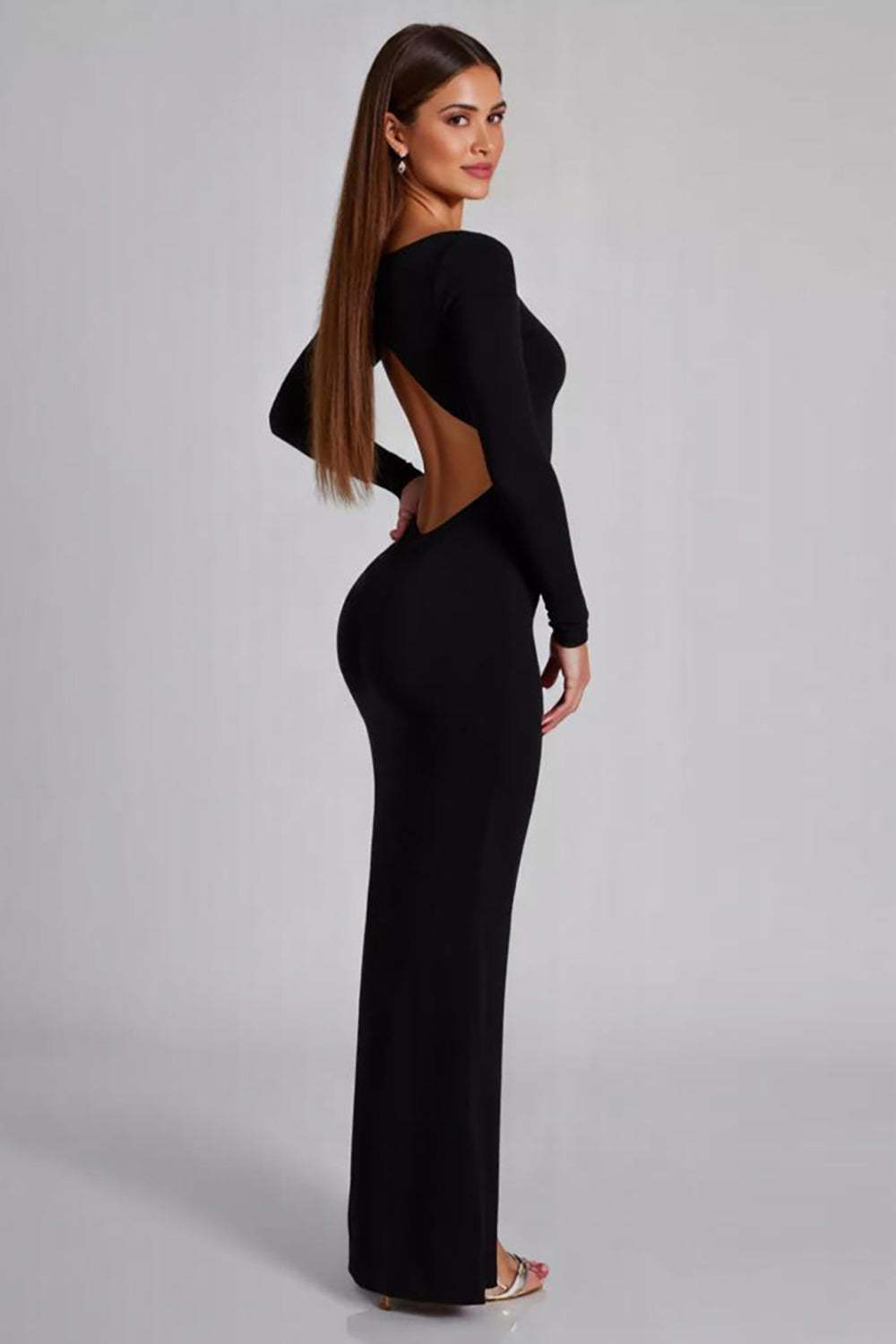 Suzhoufashion Cut Out Jersey Black Wedding Guest Dress Long Sleeves Formal Dress With Slit