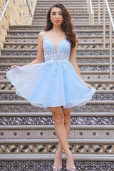 Cute A Line Deep V Neck Light Blue Homecoming Dresses Prom Dress with Appliques