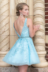 Cute A Line Deep V Neck Light Blue Homecoming Dresses Short Cocktail Dresses with Appliques