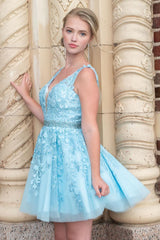Cute A Line Deep V Neck Light Blue Homecoming Dresses Short Cocktail Dresses with Appliques