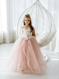 Cute Dusty Rose Puffy Lace Appliqued Sleeveless Flower Girl Dresses