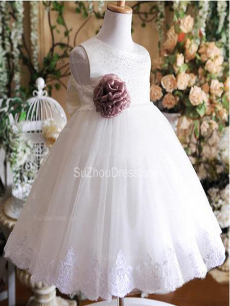 Cute Flower Girl Dresses Jewel Sequined Appliques Brown Flower Ruffle Lovely White Tulle Pageant Dress