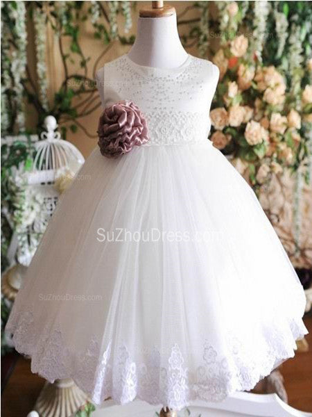 Cute Flower Girl Dresses Jewel Sequined Appliques Brown Flower Ruffle Lovely White Tulle Pageant Dress