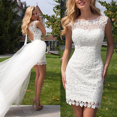 Cute Halter Short Lace Bridal Dresses with Detachable Tulle Open Back Wedding Dress