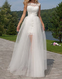 Cute Halter Short Lace Bridal Dresses with Detachable Tulle Open Back Wedding Dress