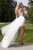 Cute Halter Short Lace Bridal Dresses with Detachable Tulle Open Back Wedding Dress