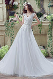 Cute Lace Ivory Wedding Dresses Sheath Sweep Train Backless Cap Sleeves with Appliques
