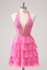 Cute Pink Homecoming Dresses Corset A Line Tiered Short Cocktail Dresses with Appliques