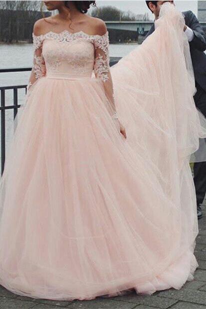 Cute Pink Off the Shoulder Prom Dress Long Sleeve Lace Tulle Evening Gown