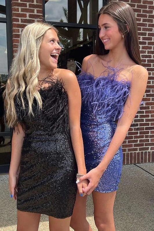 Cute Sequins Feathers Homecoming Dress Strapless Sleeveless Short Prom Dresses